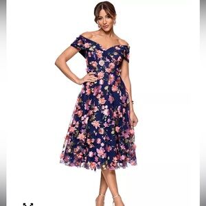 NWT Xscape Floral 3D Embroidered Off Shoulder Midi Dress 6